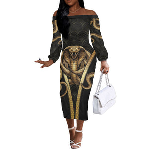 Egypt Uraeus Off The Shoulder Long Sleeve Dress Gold Cobra Luxury Style