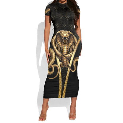 Egypt Uraeus Short Sleeve Bodycon Dress Gold Cobra Luxury Style