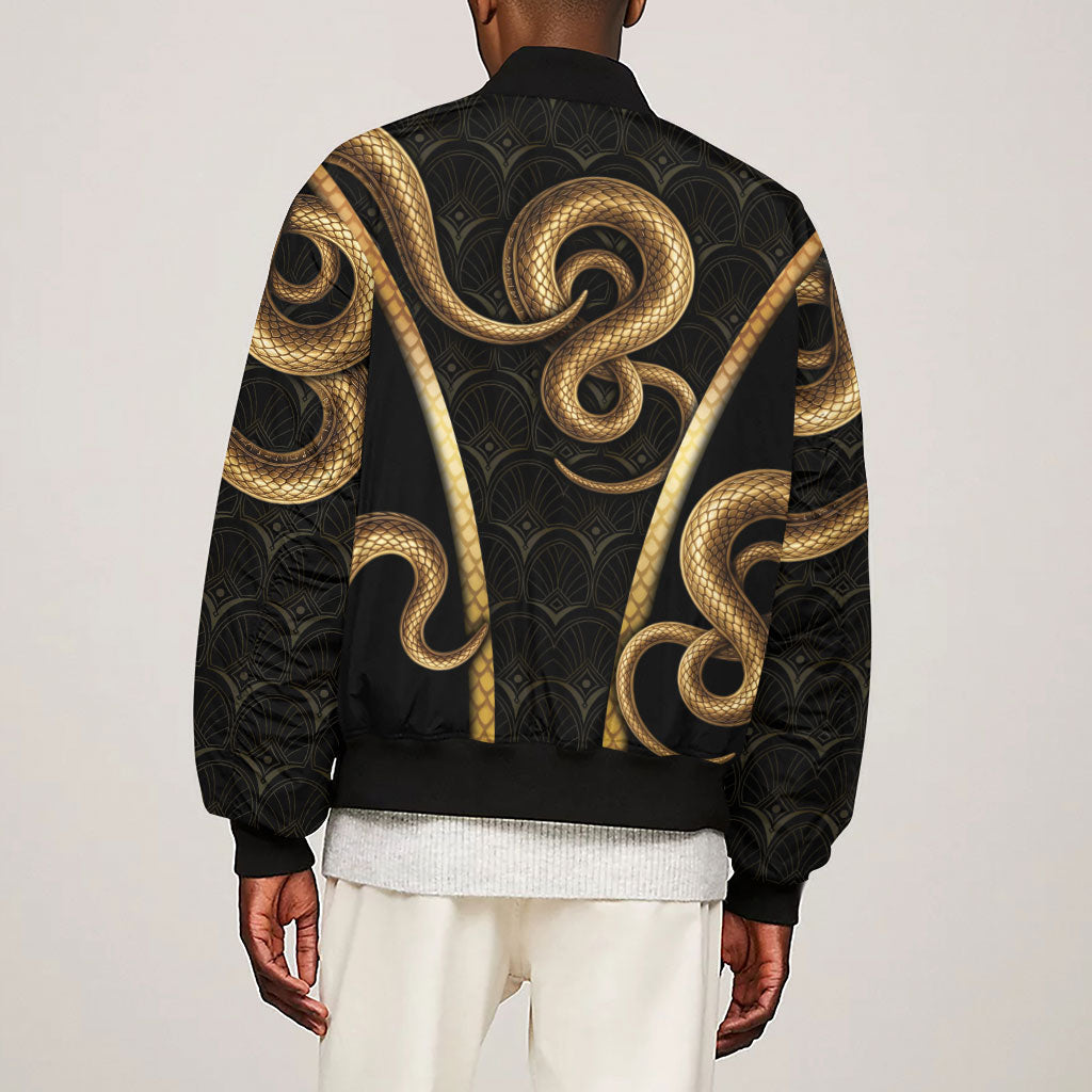 Egypt Uraeus Sleeve Zip Bomber Jacket Gold Cobra Luxury Style
