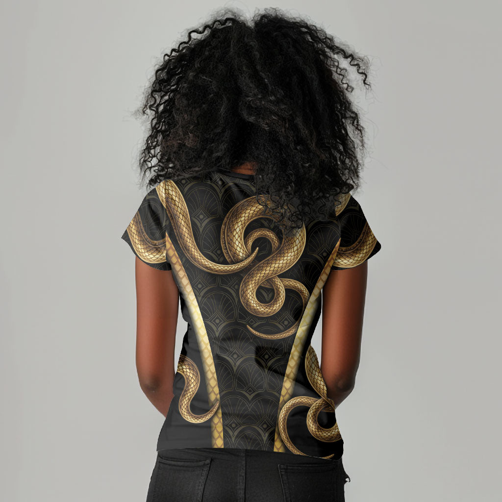 Egypt Uraeus Women V-Neck T-Shirt Gold Cobra Luxury Style