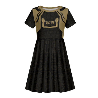 Custom Egypt KA Kid Short Sleeve Dress Gold Symbol Hieroglyphic Texture