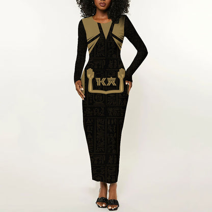 Custom Egypt KA Long Sleeve Bodycon Dress Gold Symbol Hieroglyphic Texture