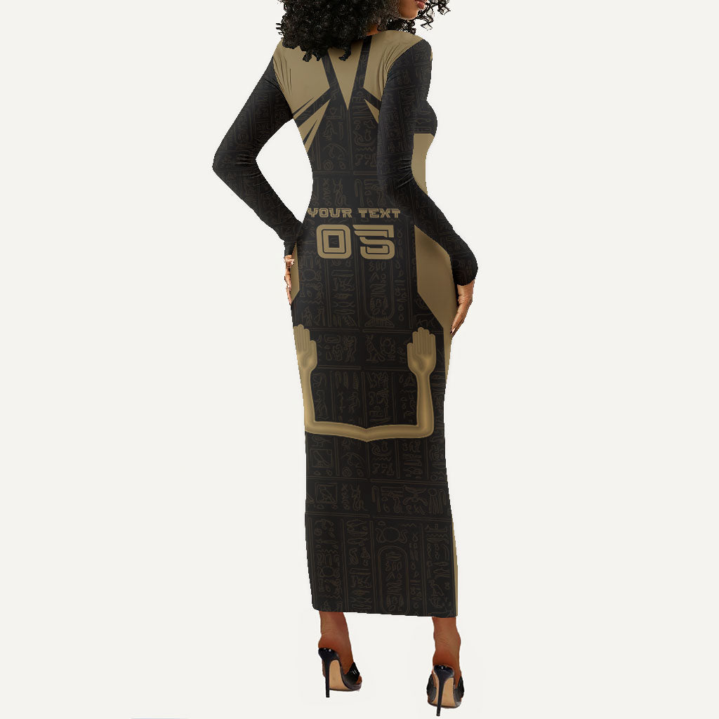 Custom Egypt KA Long Sleeve Bodycon Dress Gold Symbol Hieroglyphic Texture