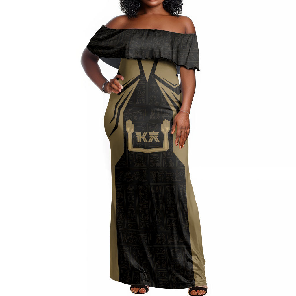 Custom Egypt KA Off Shoulder Maxi Dress Gold Symbol Hieroglyphic Texture