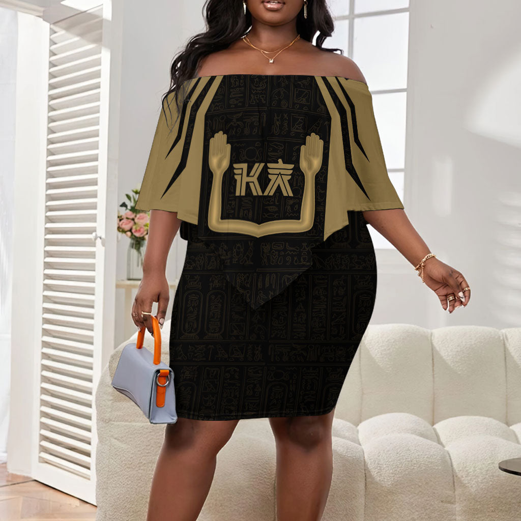 Custom Egypt KA Off Shoulder Short Dress Gold Symbol Hieroglyphic Texture