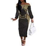 Custom Egypt KA Off The Shoulder Long Sleeve Dress Gold Symbol Hieroglyphic Texture