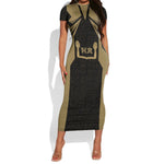 Custom Egypt KA Short Sleeve Bodycon Dress Gold Symbol Hieroglyphic Texture
