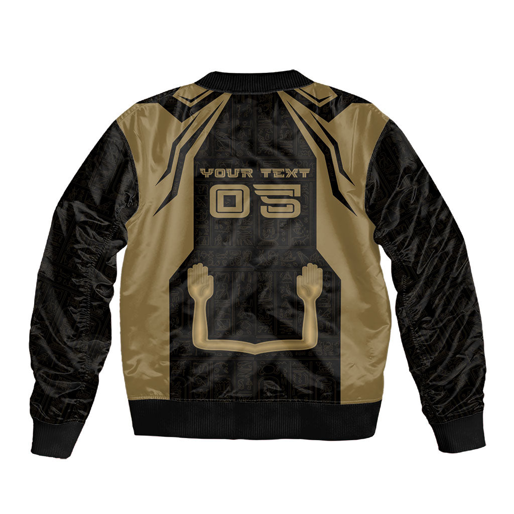 Custom Egypt KA Sleeve Zip Bomber Jacket Gold Symbol Hieroglyphic Texture