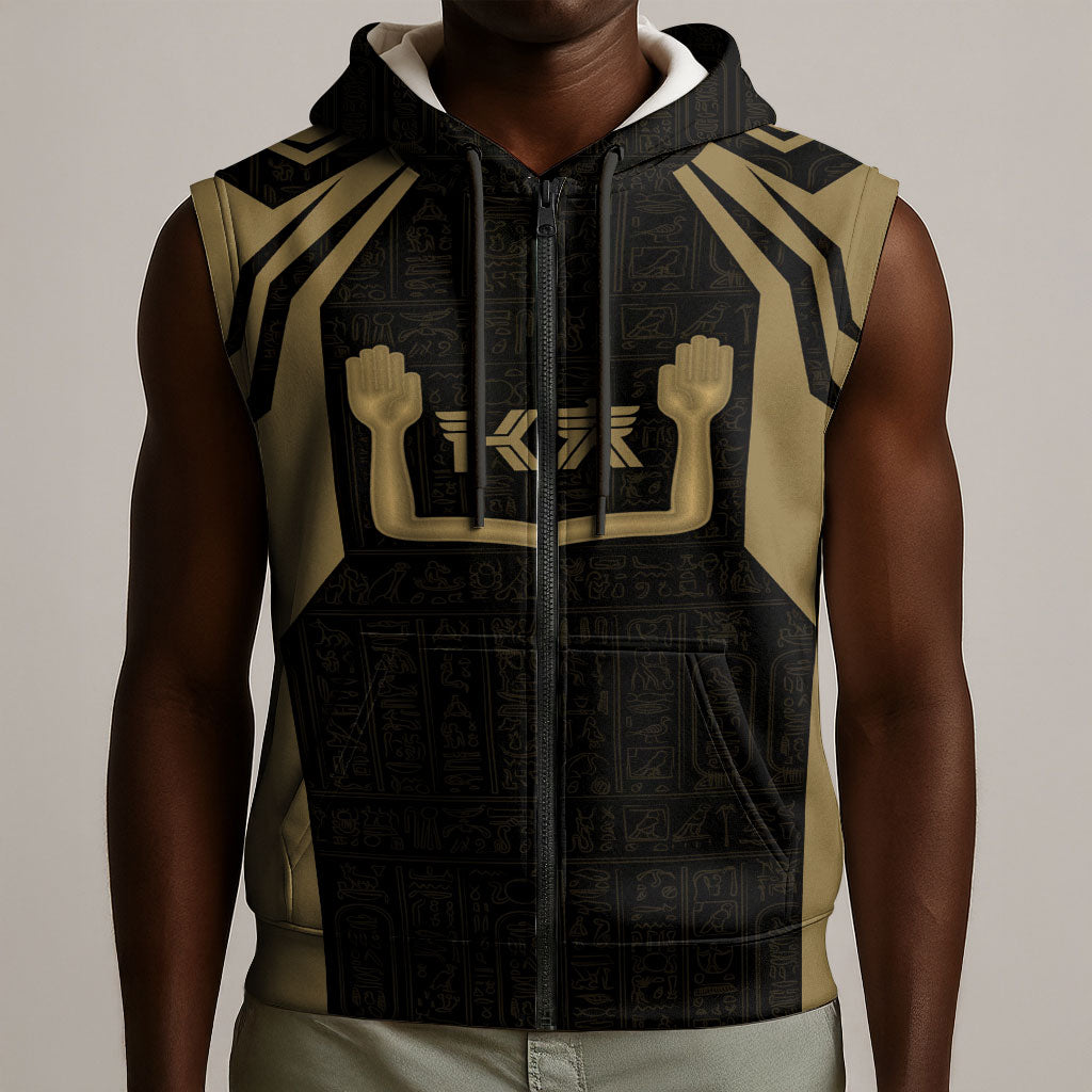 Custom Egypt KA Sleeveless Zip Hoodie Gold Symbol Hieroglyphic Texture