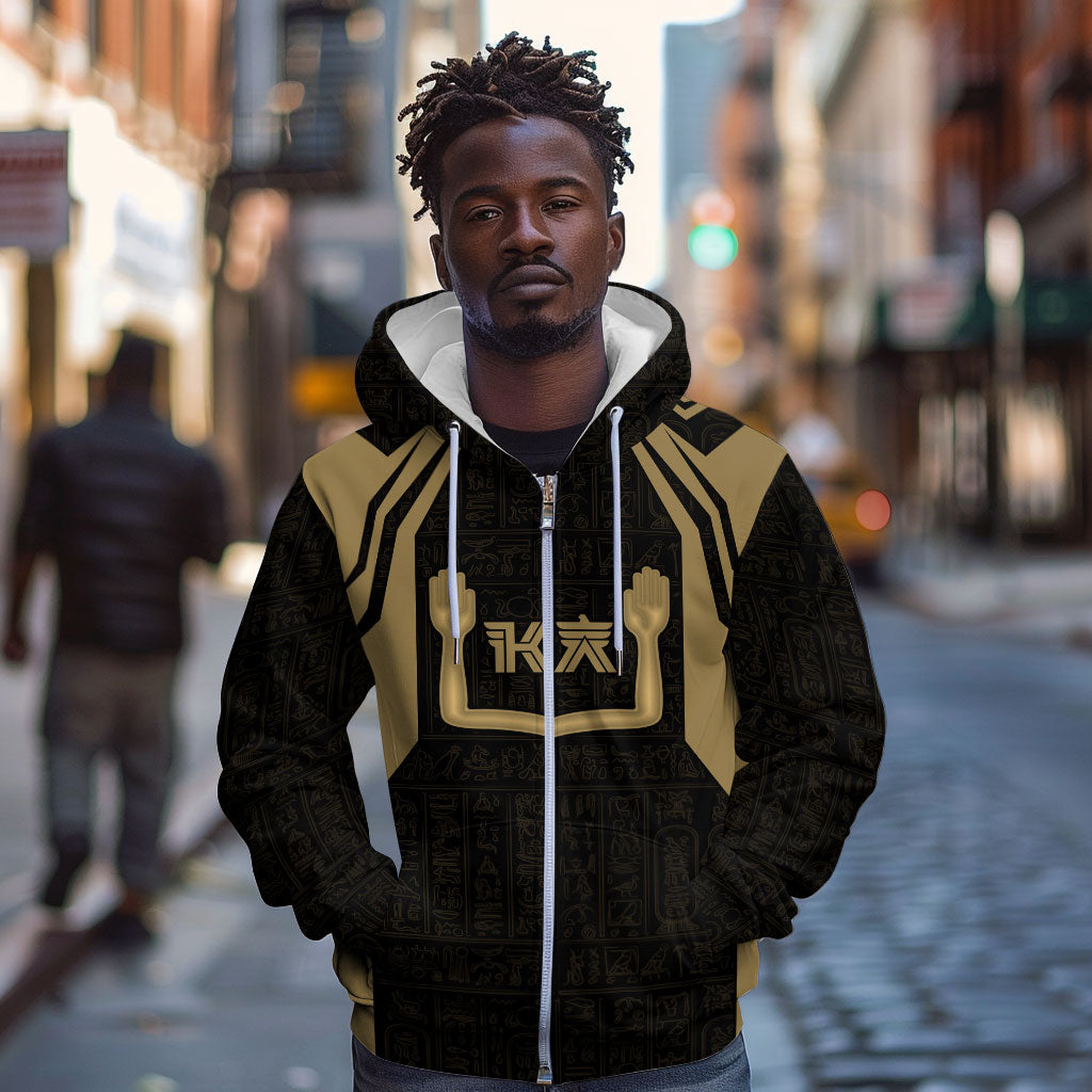 Custom Egypt KA Zip Hoodie Gold Symbol Hieroglyphic Texture