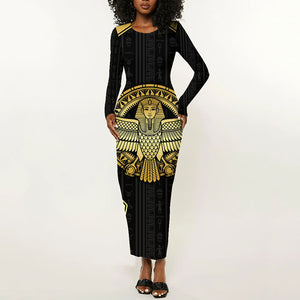 Egypt BA Long Sleeve Bodycon Dress Winged Pharaoh Hieroglyphic Patterns