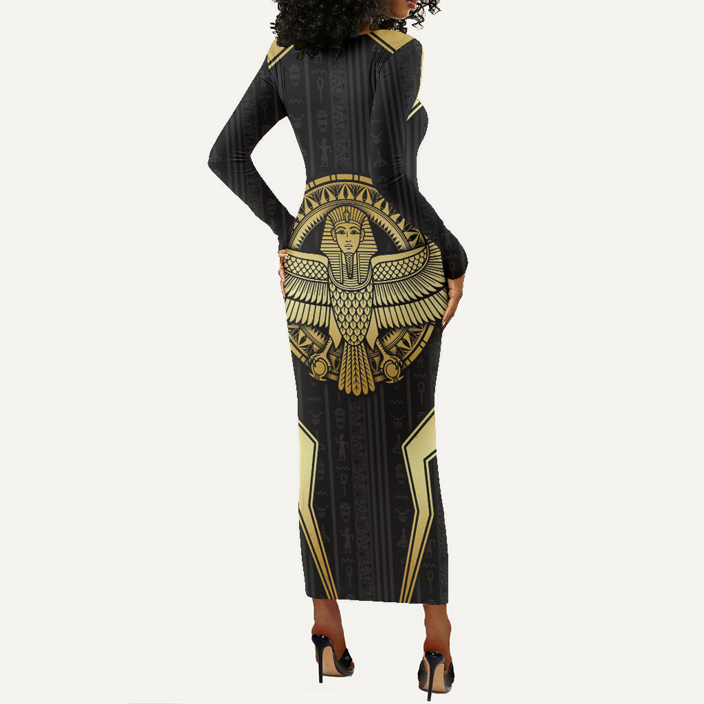Egypt BA Long Sleeve Bodycon Dress Winged Pharaoh Hieroglyphic Patterns