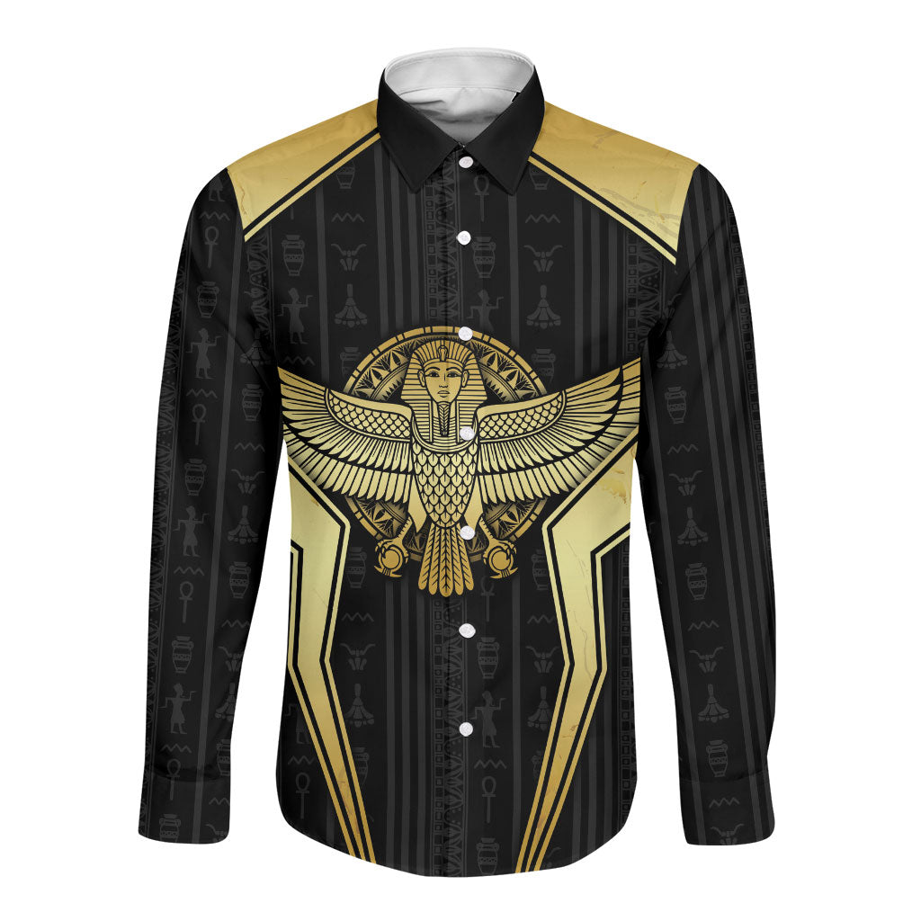 Egypt BA Long Sleeve Button Shirt Winged Pharaoh Hieroglyphic Patterns
