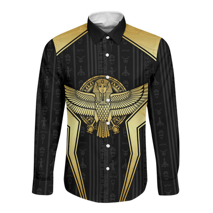 Egypt BA Long Sleeve Button Shirt Winged Pharaoh Hieroglyphic Patterns