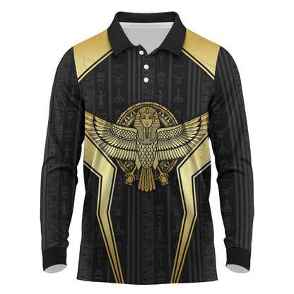 Egypt BA Long Sleeve Polo Shirt Winged Pharaoh Hieroglyphic Patterns