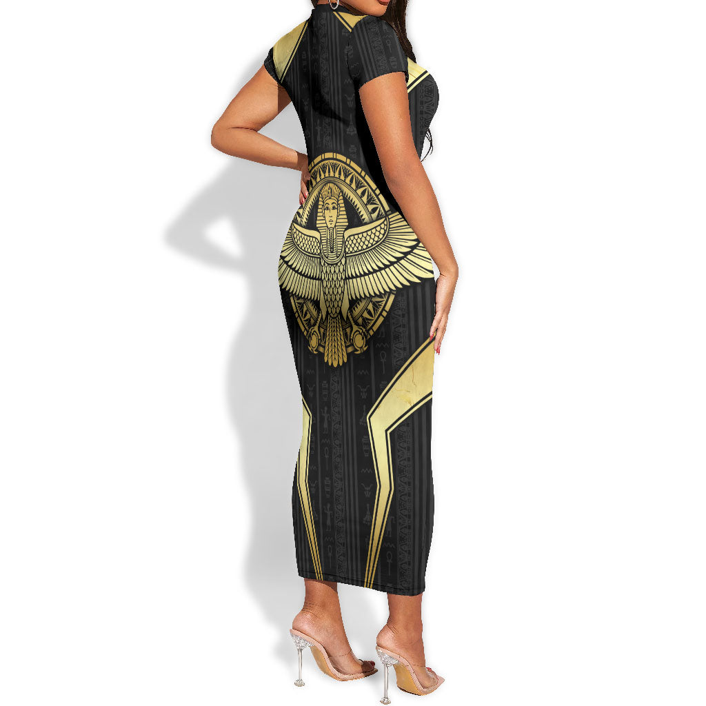 Egypt BA Short Sleeve Bodycon Dress Winged Pharaoh Hieroglyphic Patterns