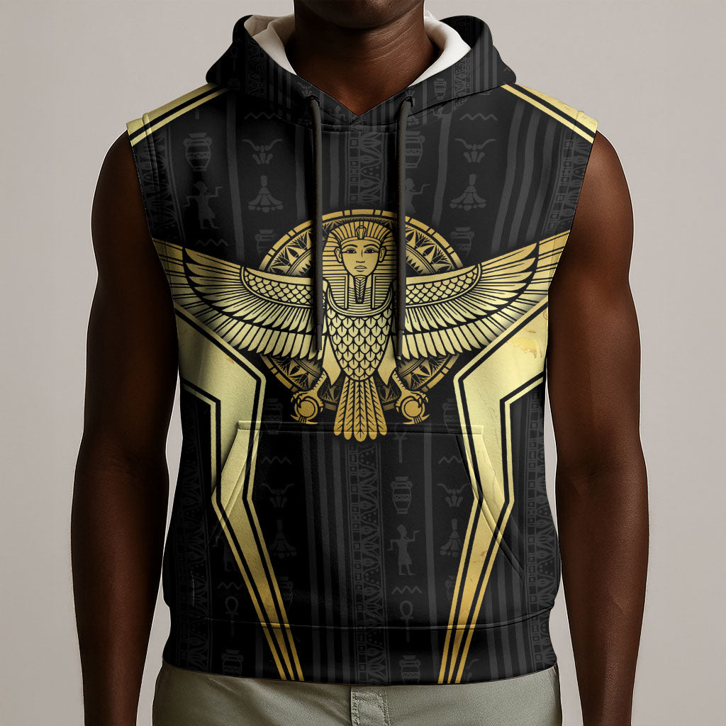 Egypt BA Sleeveless Hoodie Winged Pharaoh Hieroglyphic Patterns