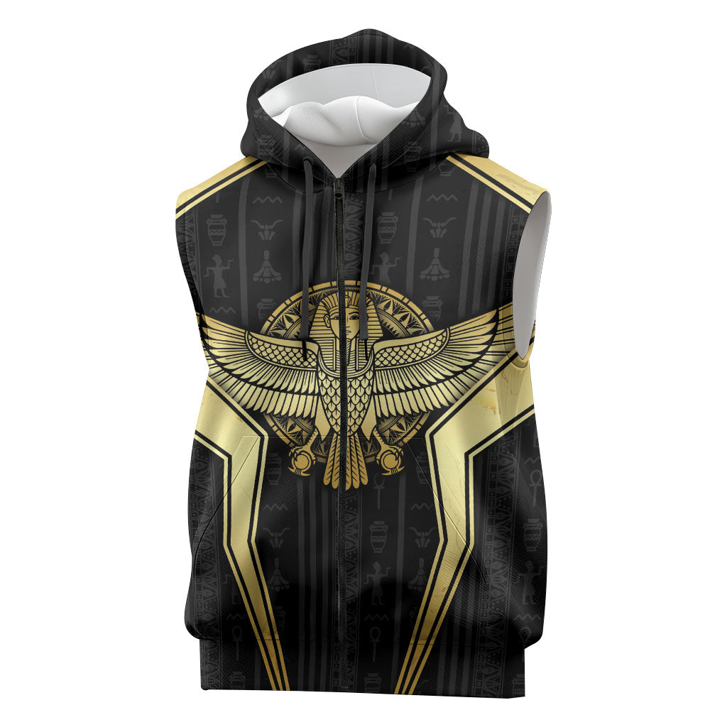 Egypt BA Sleeveless Zip Hoodie Winged Pharaoh Hieroglyphic Patterns