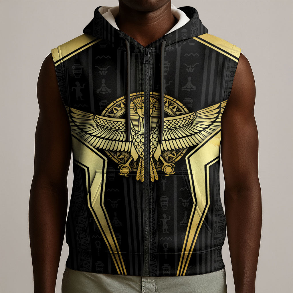 Egypt BA Sleeveless Zip Hoodie Winged Pharaoh Hieroglyphic Patterns