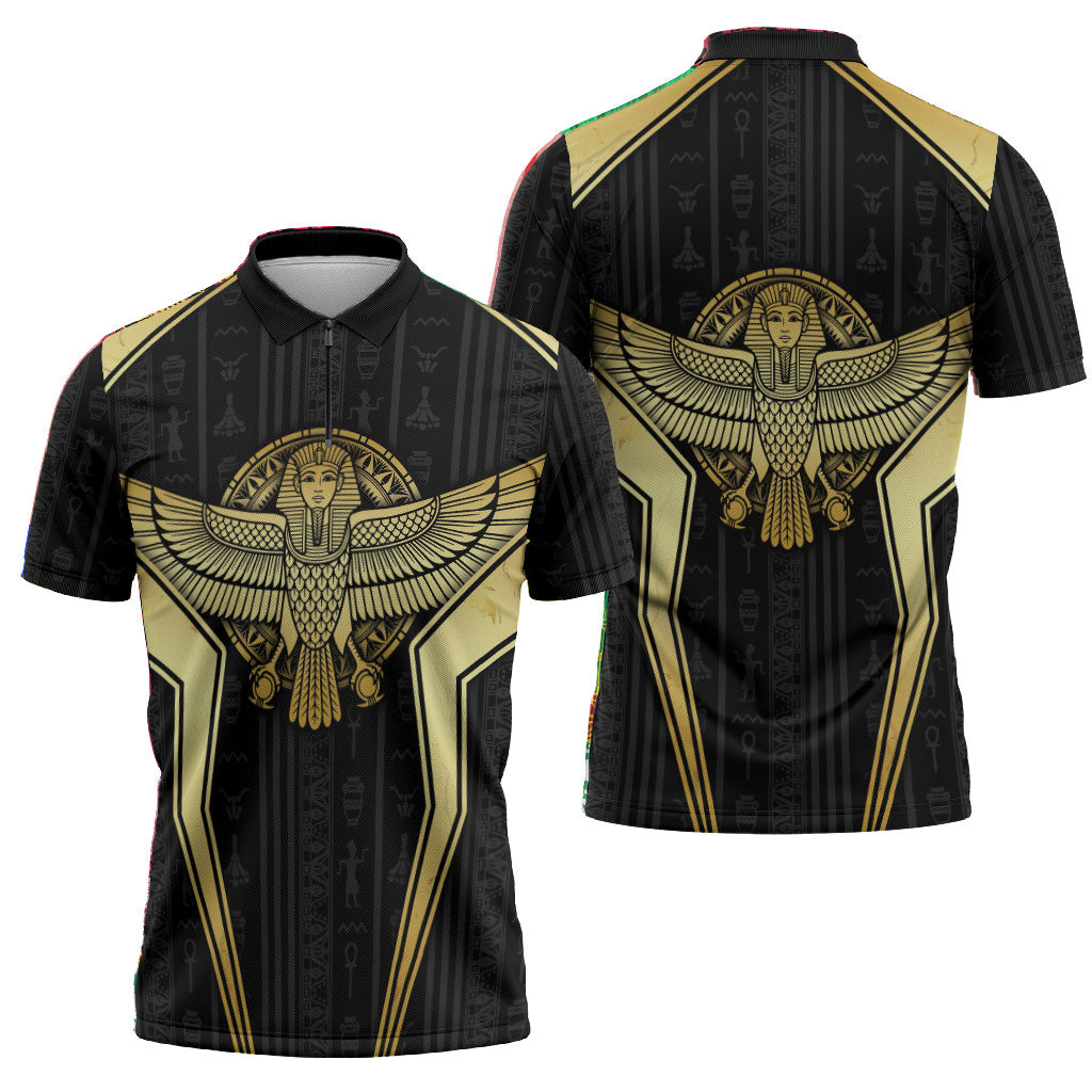 Egypt BA Zipper Polo Shirt Winged Pharaoh Hieroglyphic Patterns