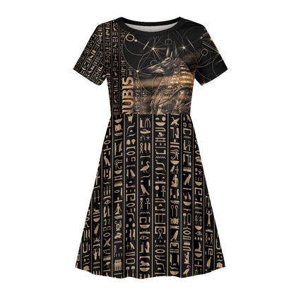 Personalized Egyptian God Anubis Kid Short Sleeve Dress Jackal Headed Deity Ancient Egypt Mythology Gilded