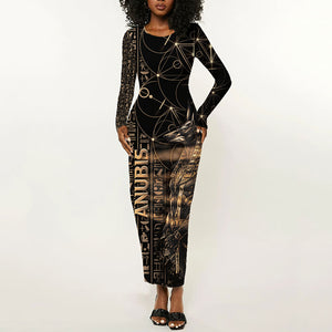Personalized Egyptian God Anubis Long Sleeve Bodycon Dress Jackal Headed Deity Ancient Egypt Mythology Gilded
