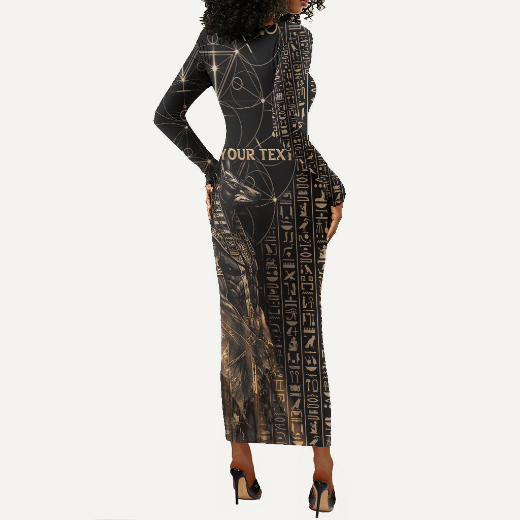 Personalized Egyptian God Anubis Long Sleeve Bodycon Dress Jackal Headed Deity Ancient Egypt Mythology Gilded