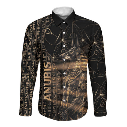 Personalized Egyptian God Anubis Long Sleeve Button Shirt Jackal Headed Deity Ancient Egypt Mythology Gilded