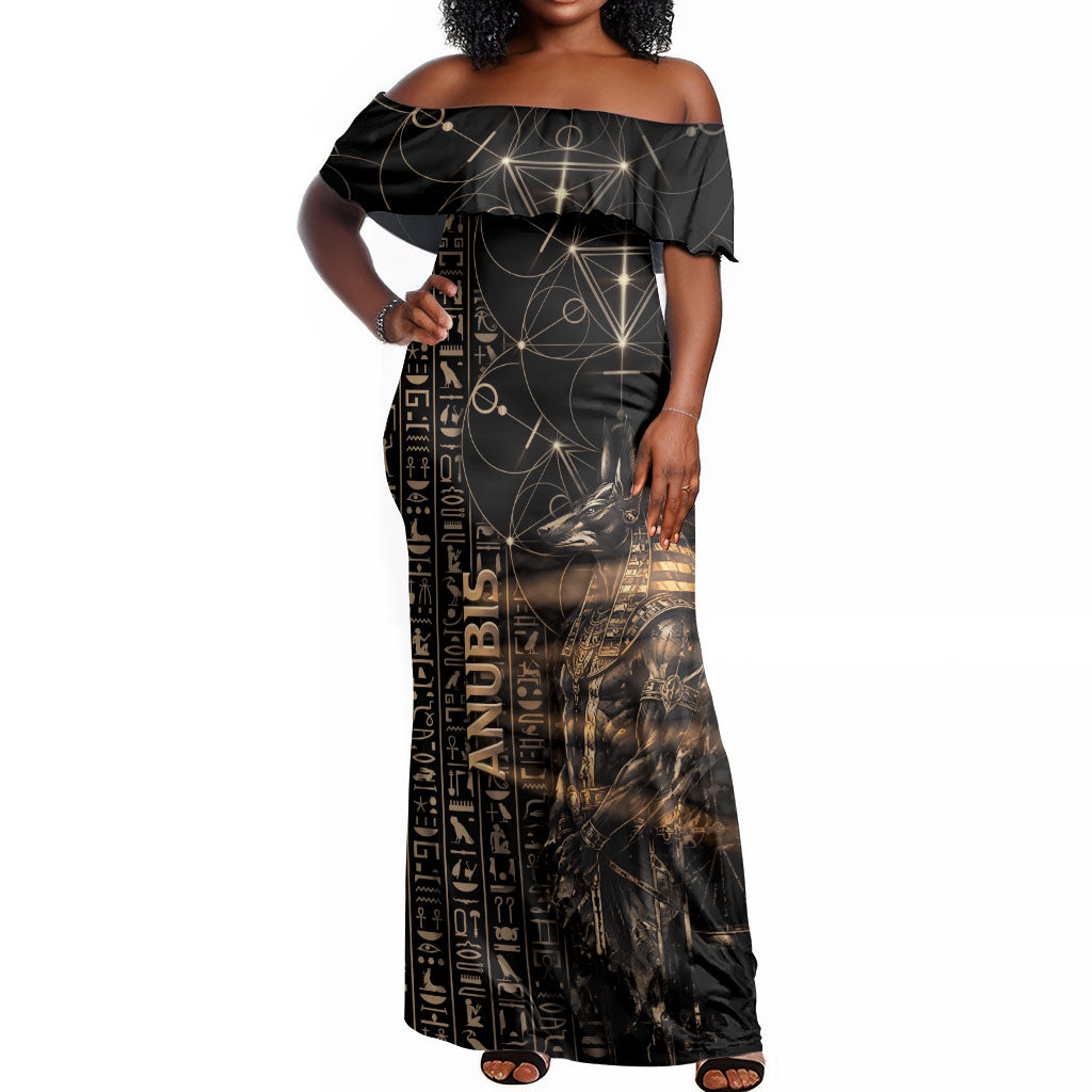 Personalized Egyptian God Anubis Off Shoulder Maxi Dress Jackal Headed Deity Ancient Egypt Mythology Gilded