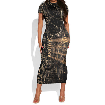 Personalized Egyptian God Anubis Short Sleeve Bodycon Dress Jackal Headed Deity Ancient Egypt Mythology Gilded