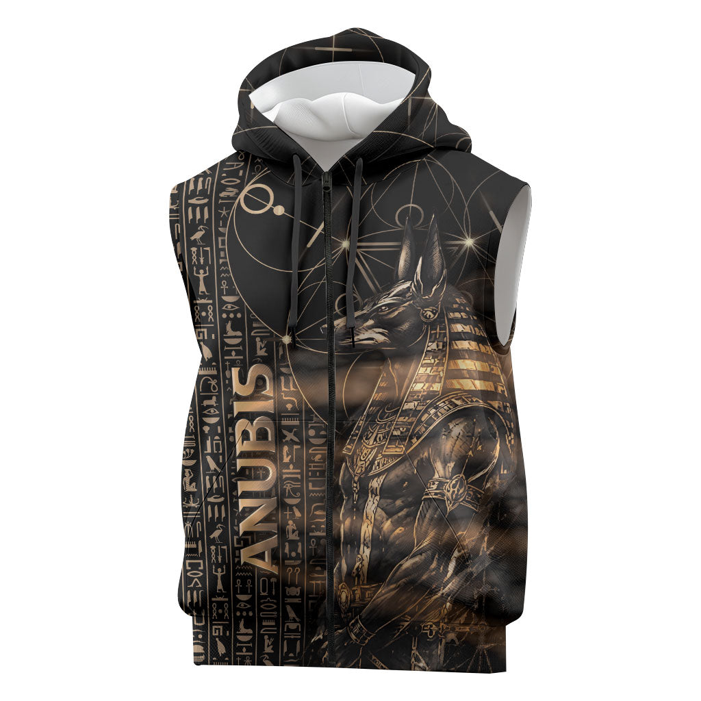 Personalized Egyptian God Anubis Sleeveless Zip Hoodie Jackal Headed Deity Ancient Egypt Mythology Gilded