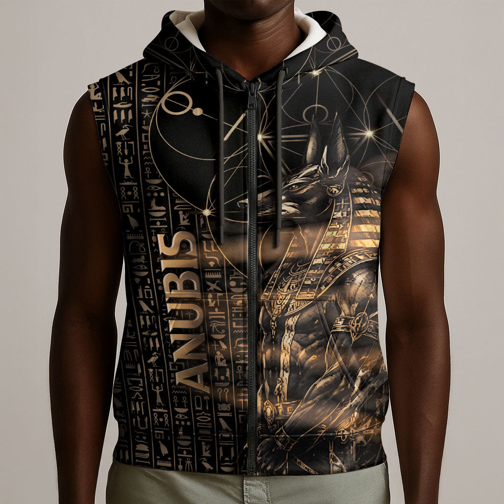 Personalized Egyptian God Anubis Sleeveless Zip Hoodie Jackal Headed Deity Ancient Egypt Mythology Gilded