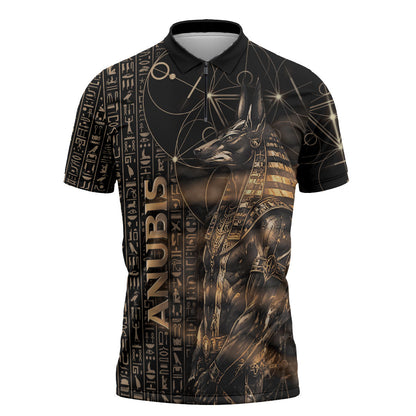 Personalized Egyptian God Anubis Zipper Polo Shirt Jackal Headed Deity Ancient Egypt Mythology Gilded