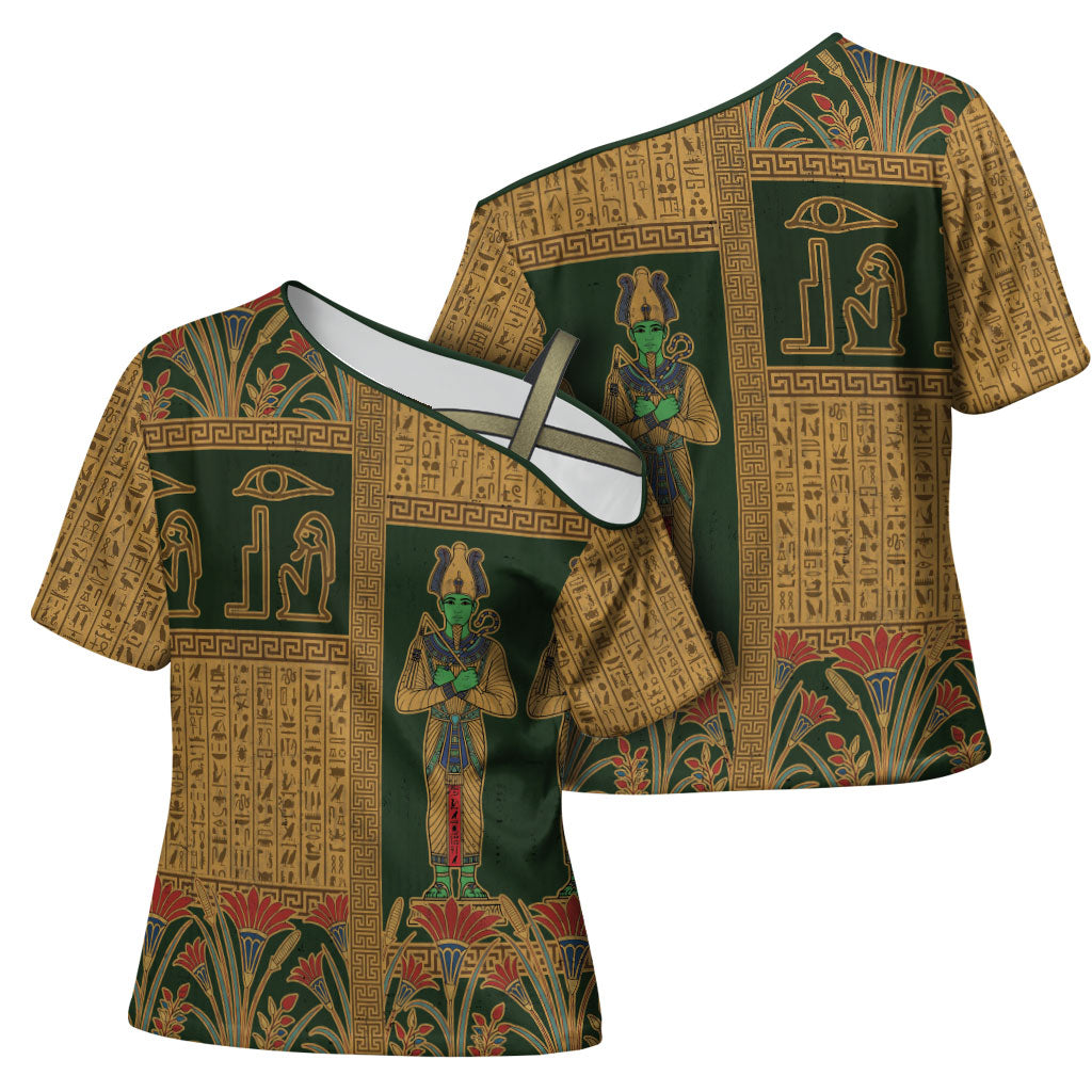 Egyptian God Osiris Cross Shoulder Shirt Green Pharaonic Hieroglyphic Patterns