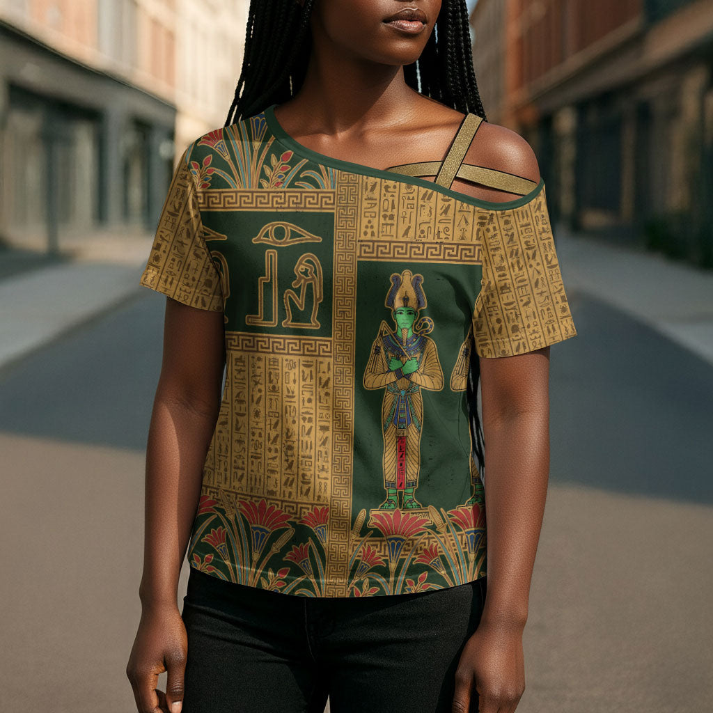 Egyptian God Osiris Cross Shoulder Shirt Green Pharaonic Hieroglyphic Patterns
