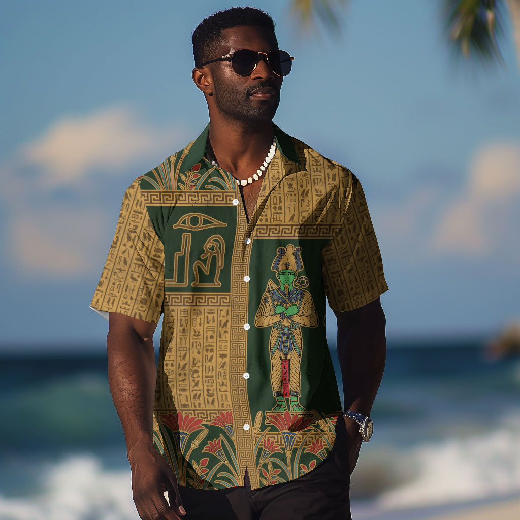 Egyptian God Osiris Hawaiian Shirt Green Pharaonic Hieroglyphic Patterns
