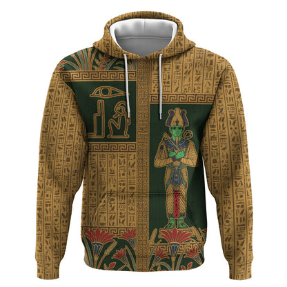 Egyptian God Osiris Hoodie Green Pharaonic Hieroglyphic Patterns