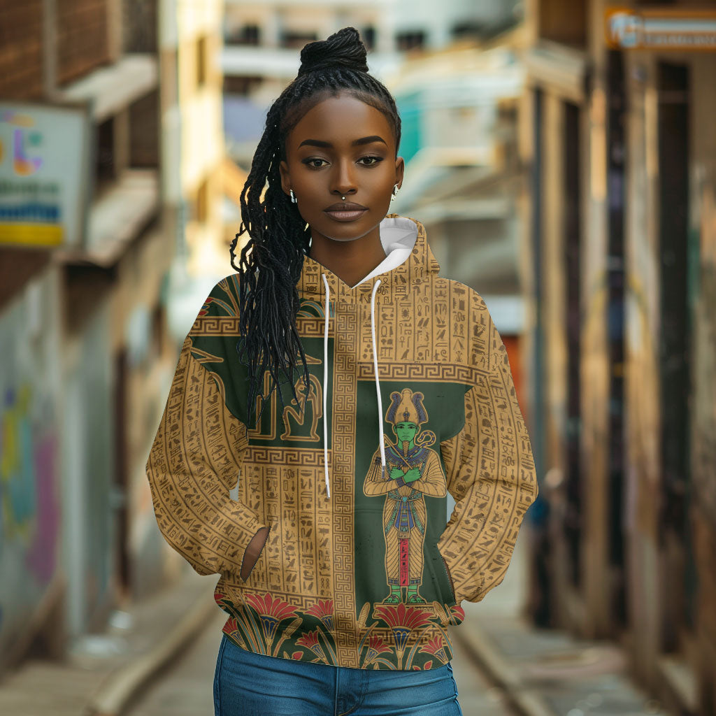 Egyptian God Osiris Hoodie Green Pharaonic Hieroglyphic Patterns