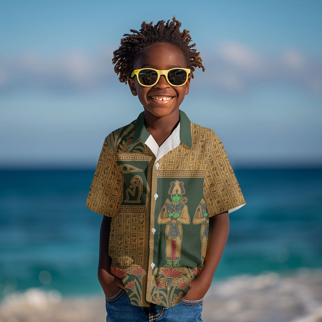 Egyptian God Osiris Kid Hawaiian Shirt Green Pharaonic Hieroglyphic Patterns