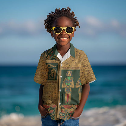 Egyptian God Osiris Kid Hawaiian Shirt Green Pharaonic Hieroglyphic Patterns