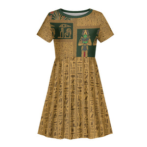 Egyptian God Osiris Kid Short Sleeve Dress Green Pharaonic Hieroglyphic Patterns