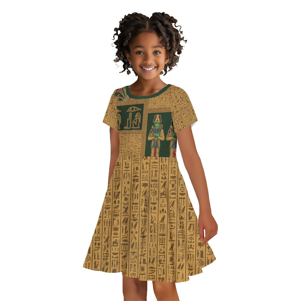Egyptian God Osiris Kid Short Sleeve Dress Green Pharaonic Hieroglyphic Patterns