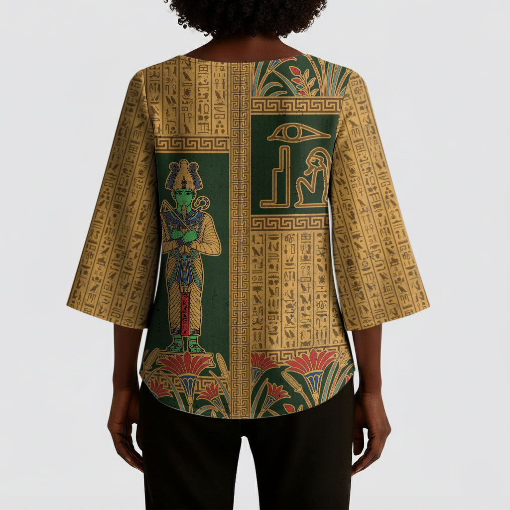 Egyptian God Osiris Kimono Sleeve Blouse Green Pharaonic Hieroglyphic Patterns
