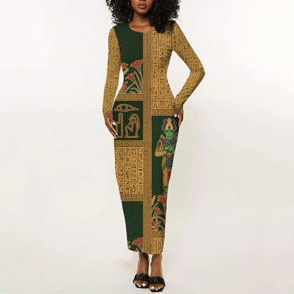 Egyptian God Osiris Long Sleeve Bodycon Dress Green Pharaonic Hieroglyphic Patterns