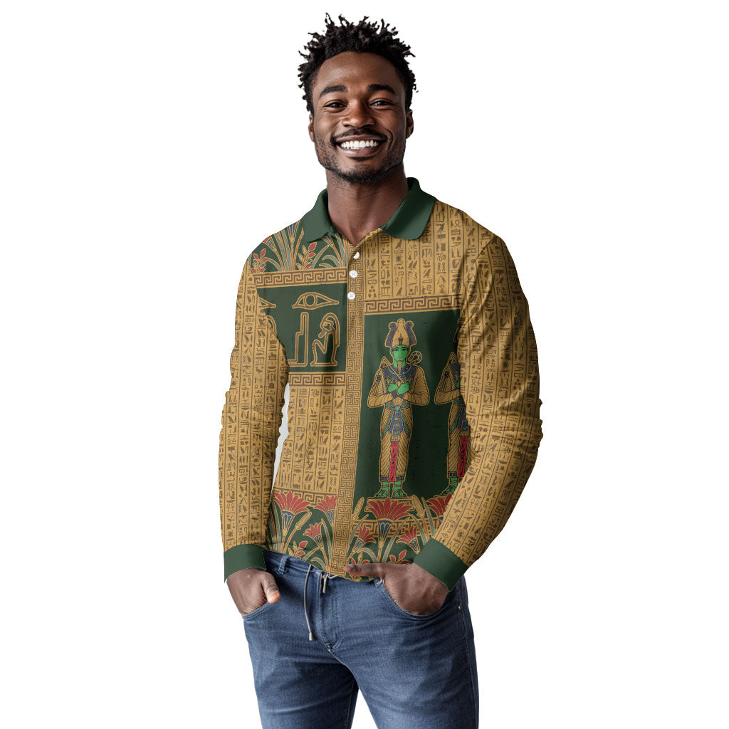 Egyptian God Osiris Long Sleeve Polo Shirt Green Pharaonic Hieroglyphic Patterns