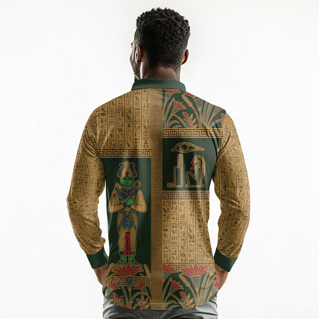 Egyptian God Osiris Long Sleeve Polo Shirt Green Pharaonic Hieroglyphic Patterns