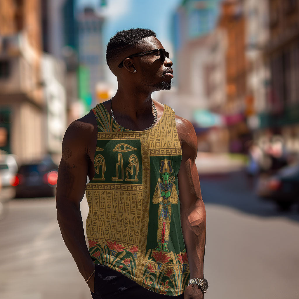 Egyptian God Osiris Men Tank Top Green Pharaonic Hieroglyphic Patterns