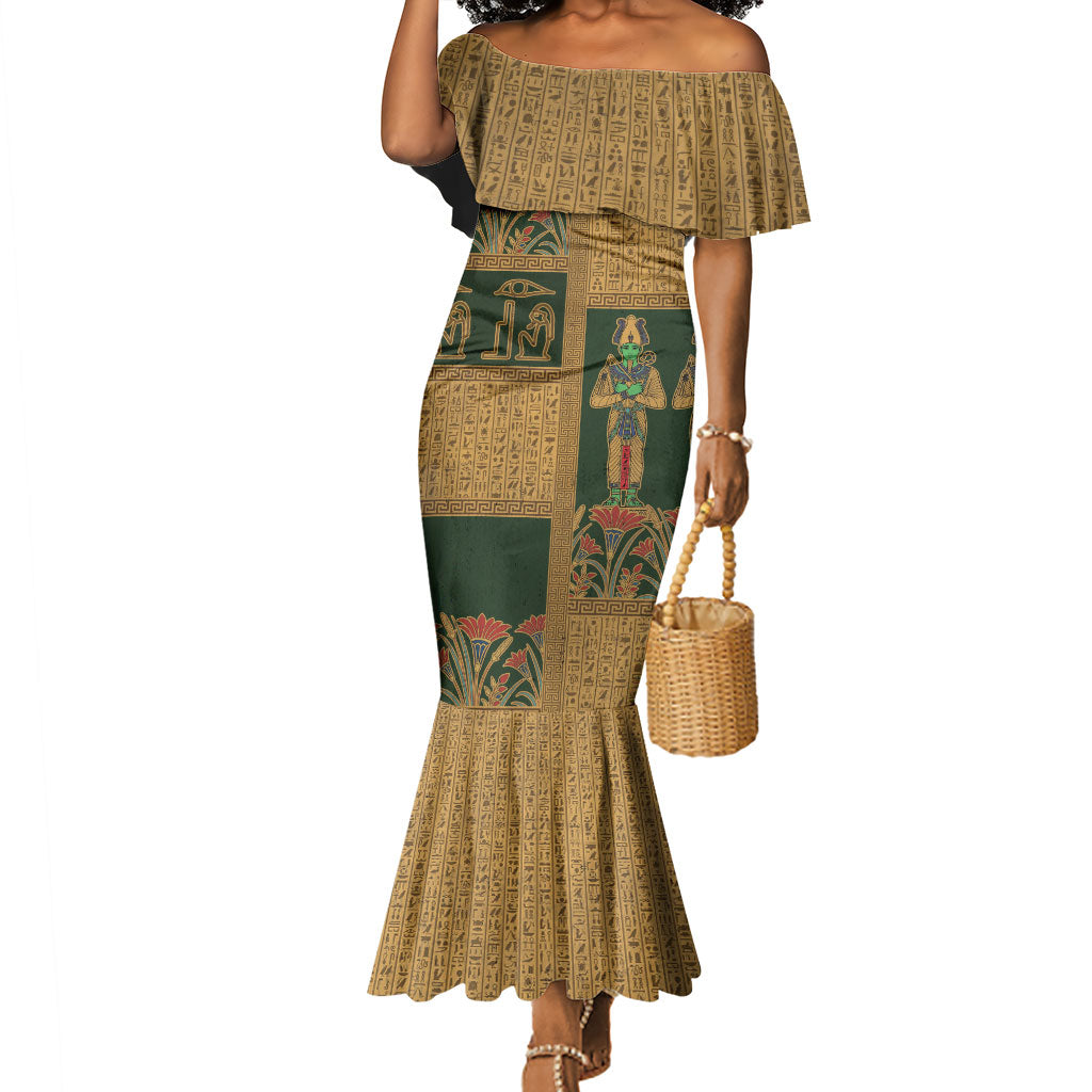 Egyptian God Osiris Mermaid Dress Green Pharaonic Hieroglyphic Patterns