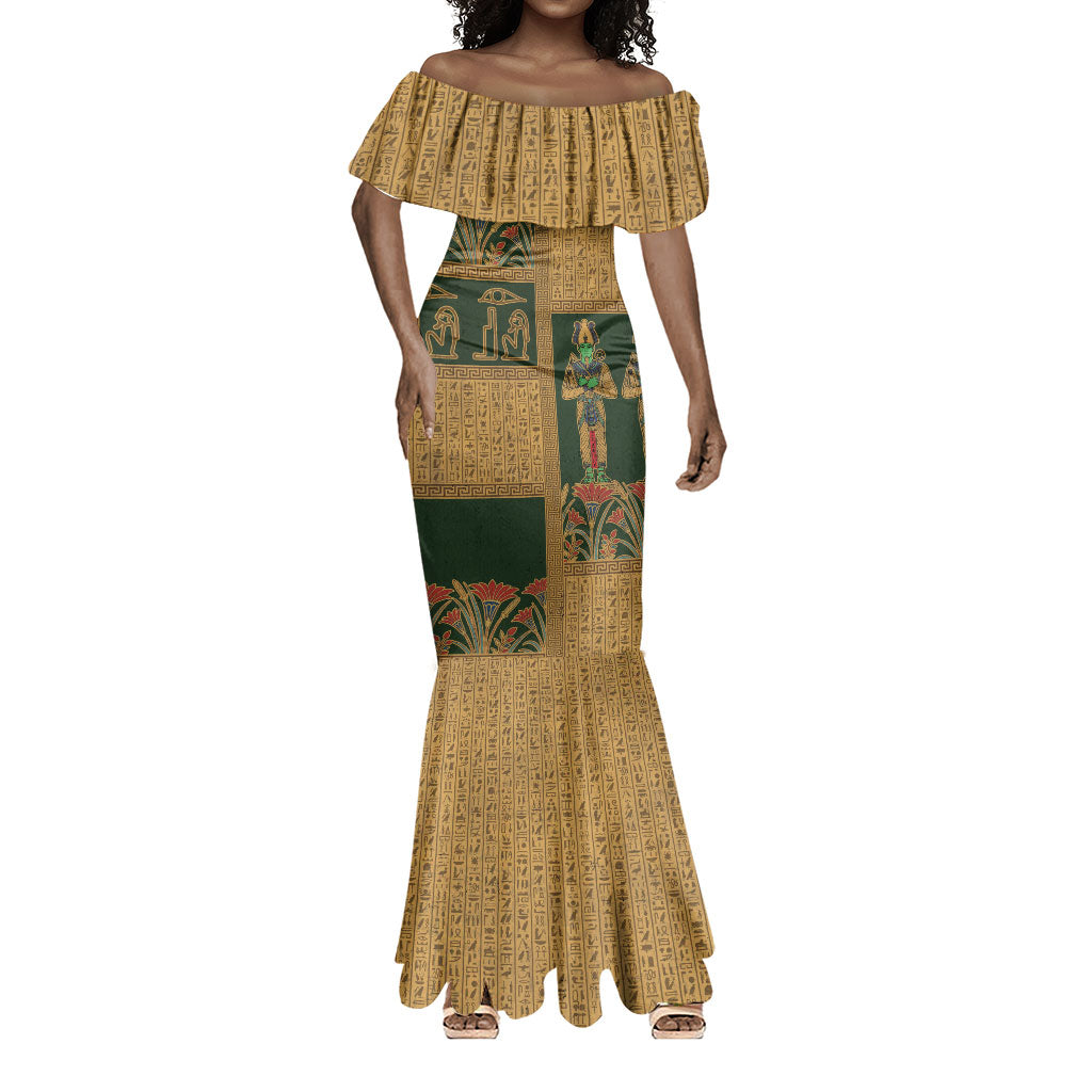 Egyptian God Osiris Mermaid Dress Green Pharaonic Hieroglyphic Patterns