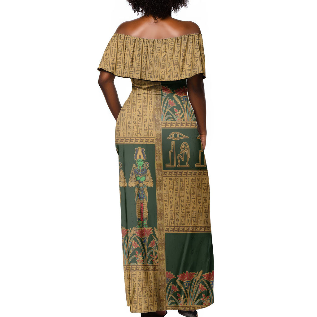 Egyptian God Osiris Off Shoulder Maxi Dress Green Pharaonic Hieroglyphic Patterns